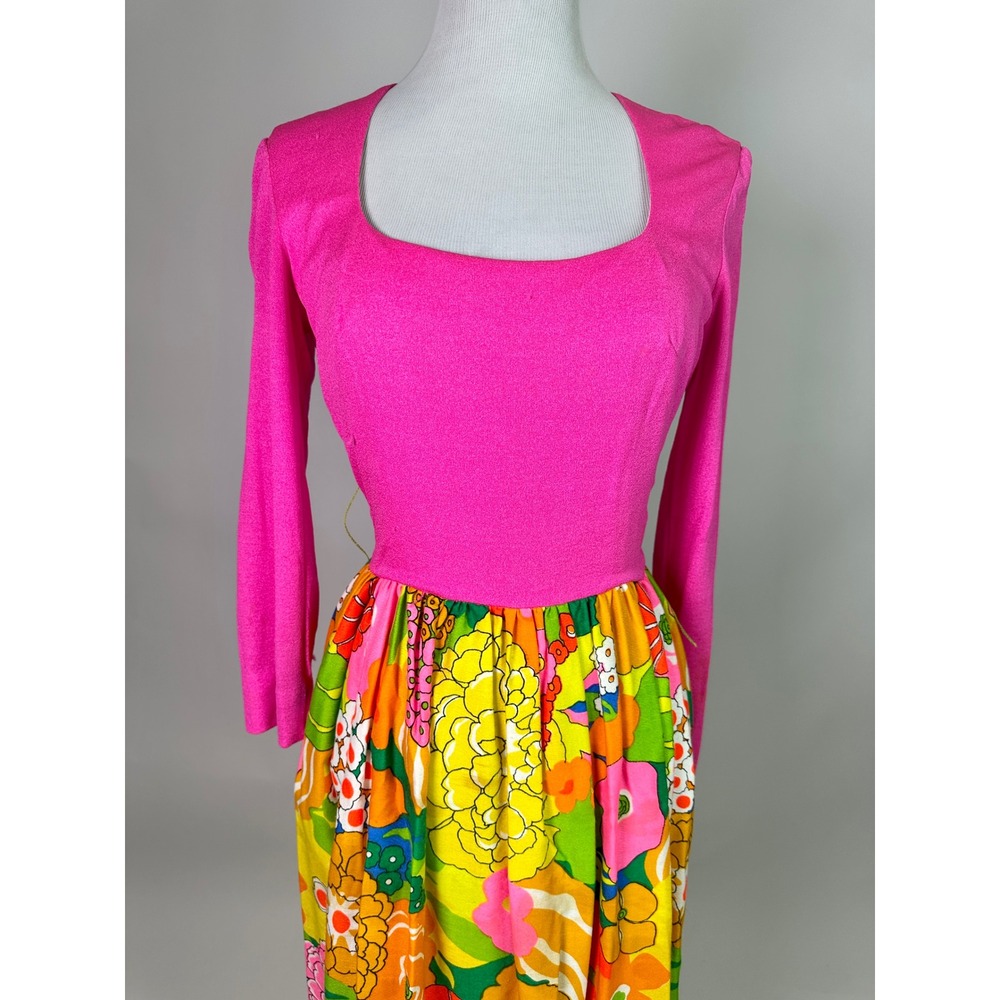 Vintage 1960s Pink Floral Maxi Dress Mod Psychedelic Long Sleeve Retro 60s - Picture 5 of 10